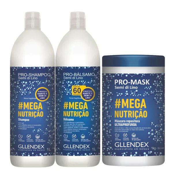 Combo Gllendex Mega Nutrición Shampoo + Balsamo + Mask 1L