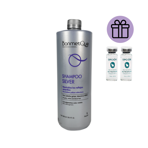 Shampoo Silver Bonmetique Neutraliza los Reflejos Amarillos 900 ml+ Ampollas Nutriciòn de Regalo