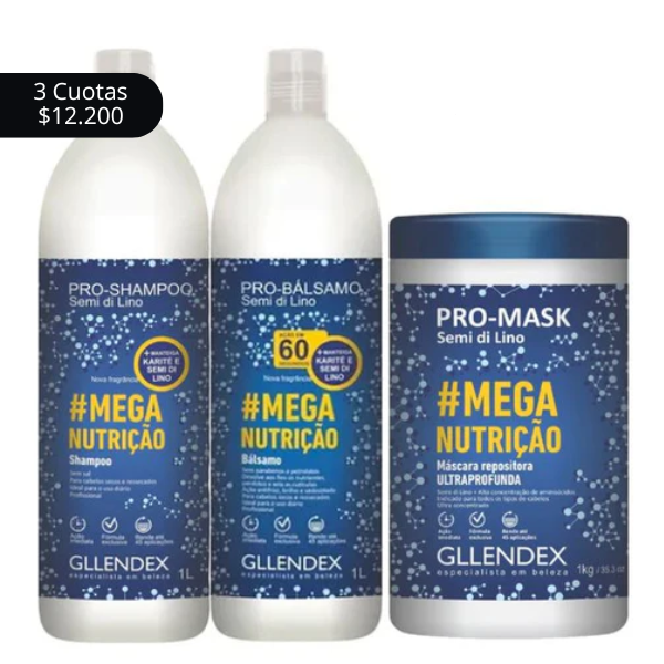 Combo Gllendex Mega Nutrición Shampoo + Balsamo + Mask 1L